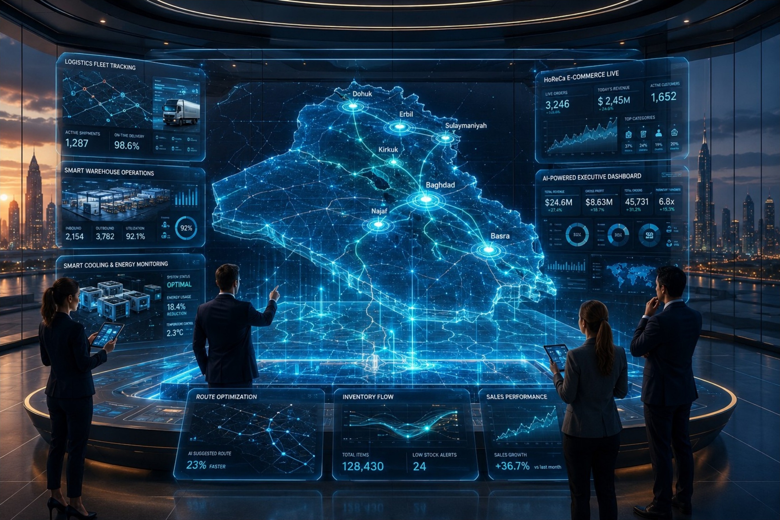 Floating ERP dashboard with orbital data rings